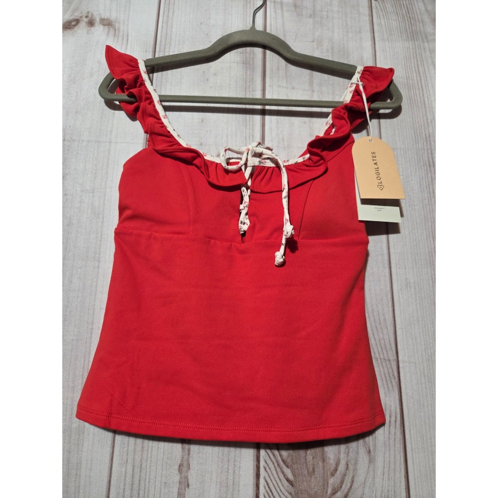 Blogilates Ruffle Lace Up Tank Red Floral Trim Activewear Top Small NEW